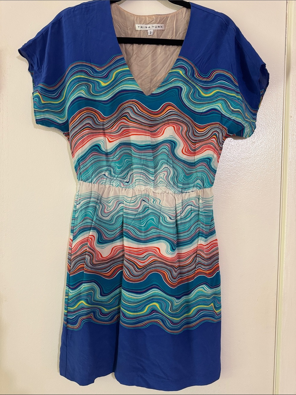 Trina Turk Blue Multicolor Wave-Print Short Dress